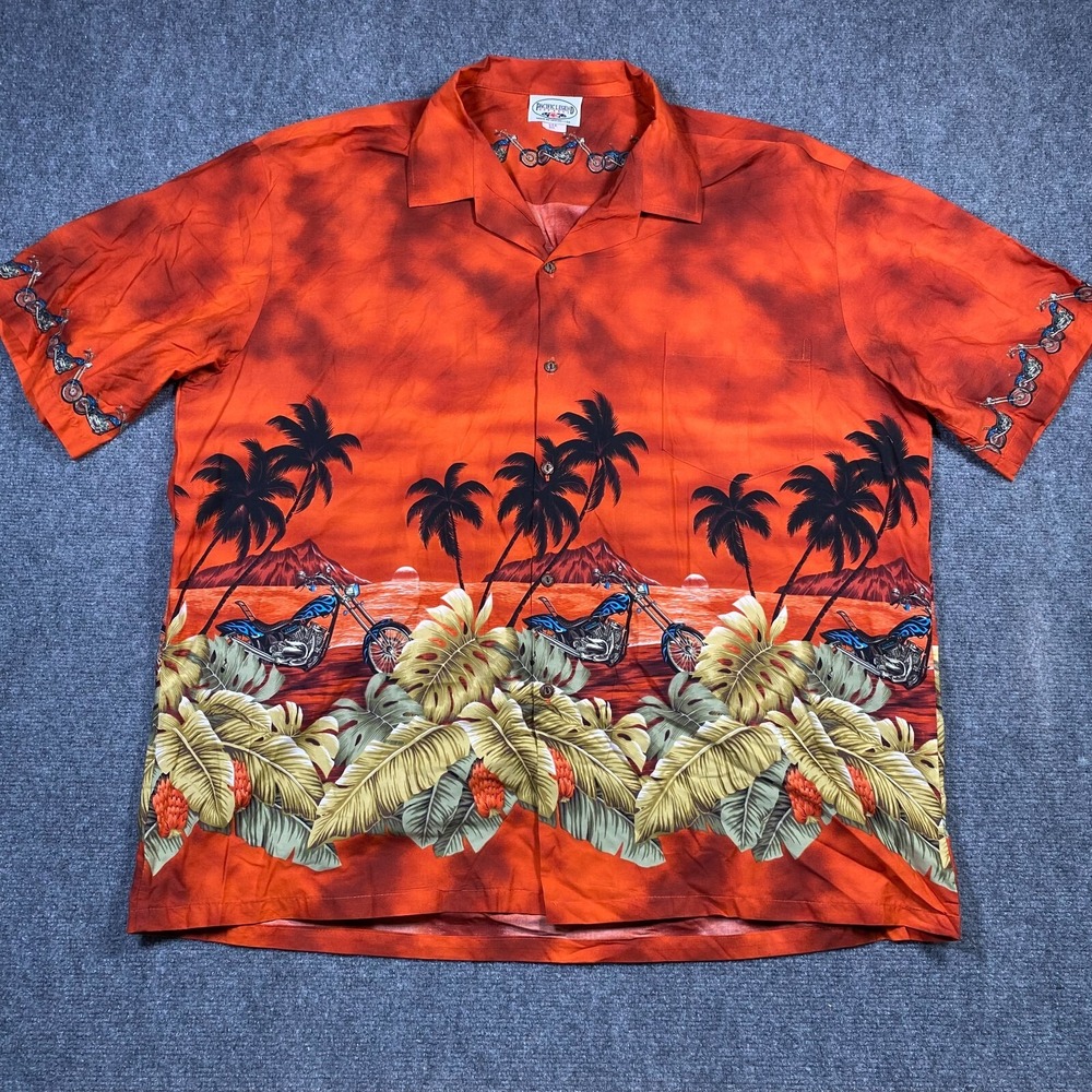 Pacific Legend Mens 3XL Orange Tropical Motorcycle Hawaiian Shirt Made in Hawaii